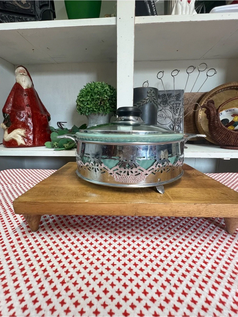 Vintage oven proof USA stoneware dish with metal holder grandma core cookware